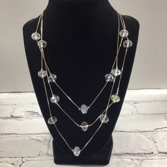 Iridescent glass crystal silver tone 3 strand sparkle necklace - Picture 3 of 7